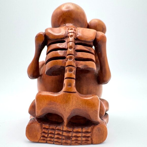Netsuke Large Skeleton Playing Drum Hardwood Carving Sculpture Japanese Vintage - Picture 11 of 11